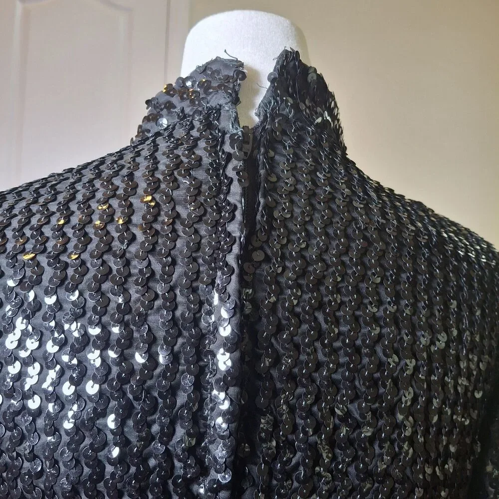 Vintage Union 70s Black Sequin Evening Gown US12 Hollywood Red Carpet Black Tie